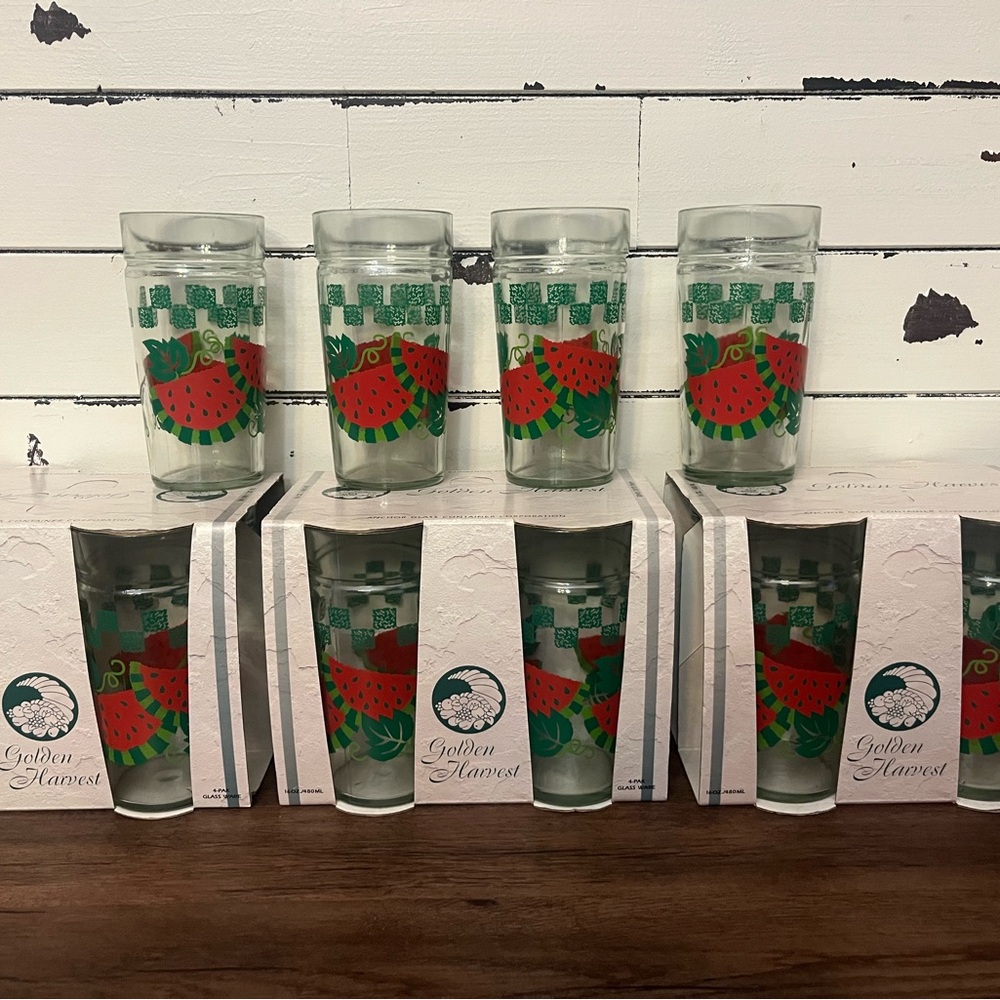 Set of 16 Vintage Anchor Hocking Golden Harvest Glass Tumblers-Watermelon Design - Picture 1 of 4
